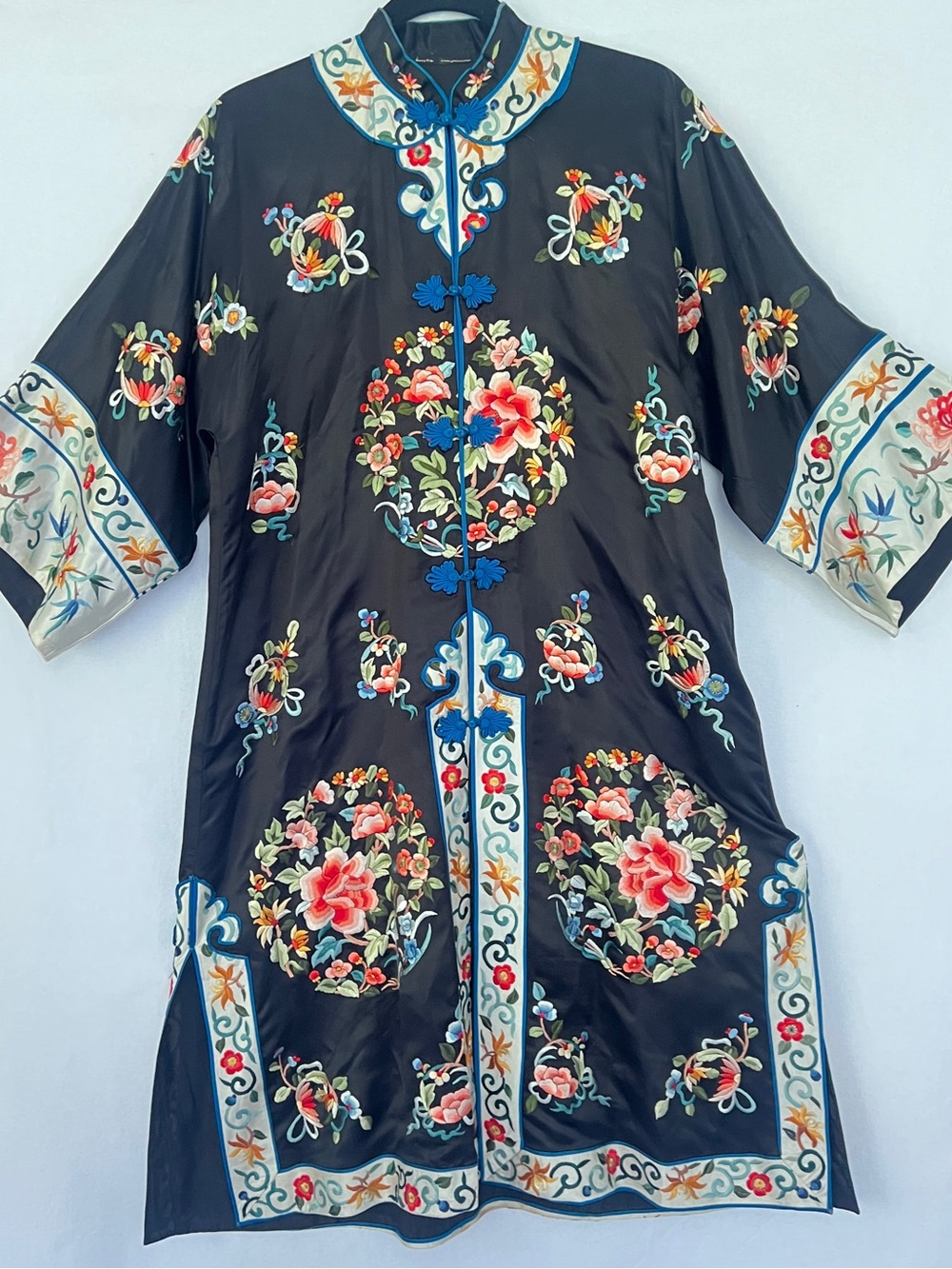 Antique Embroidered kimono Robe Qing Dynasty floral Hand Embroidery 1890-1910